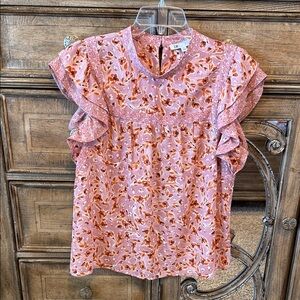 DR2 pink blush floral ruffle sleeve blouse
